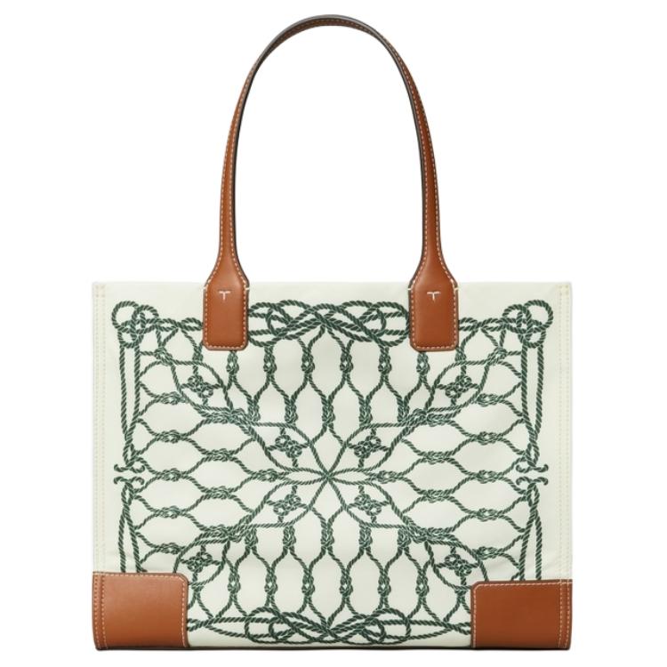 Tory Burch Ella Logo Print Magnetic Closure Recycled Polyester Tote Bag Women Tote Bags Ivory Green 159266-960