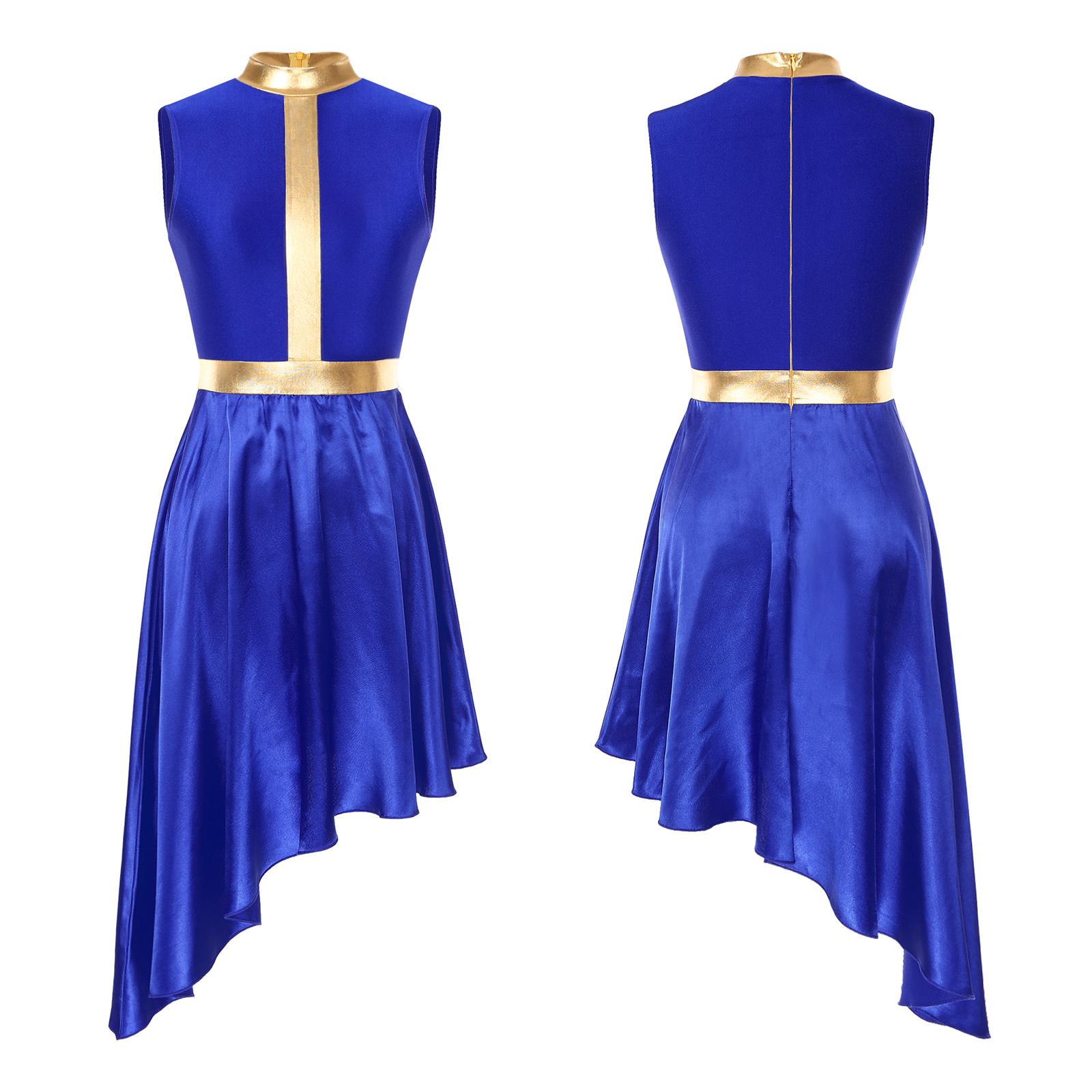 

Womens Color Block Lyrical Dance Dress Invisible Zipper Back Flowy Asymmetrical Hem Sleeveless Outfit XXL королівський синій колір
