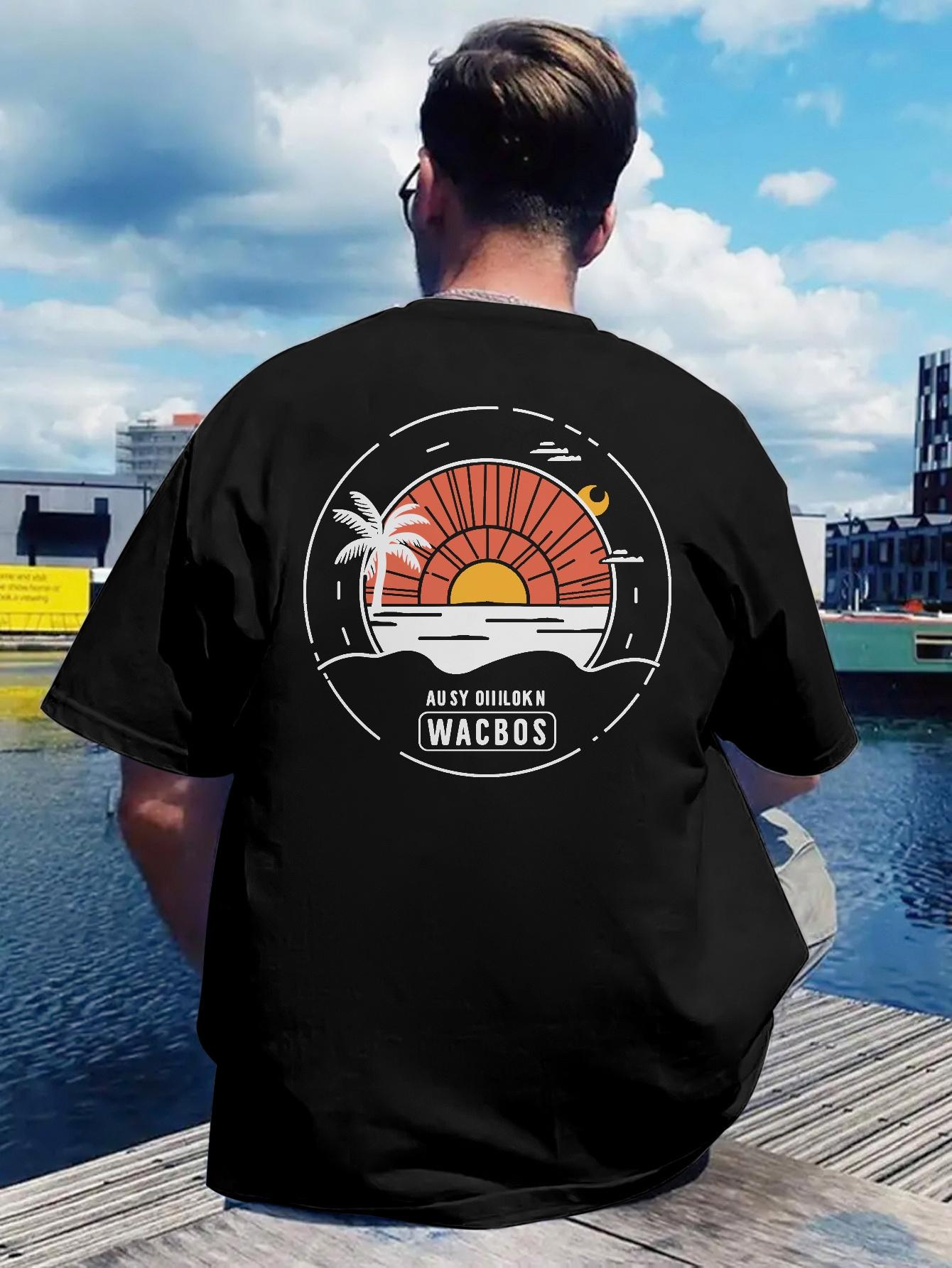 Summer Beach Print T-shirt - Vibrant Sunset & Ocean Waves Design L