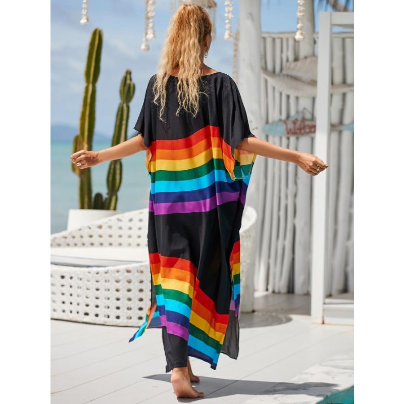 Moda Donna Estate Primavera Stampa a Blocchi di Colore Maniche 1/2 Scollo a V Linea Vita Lassa Abiti Casual