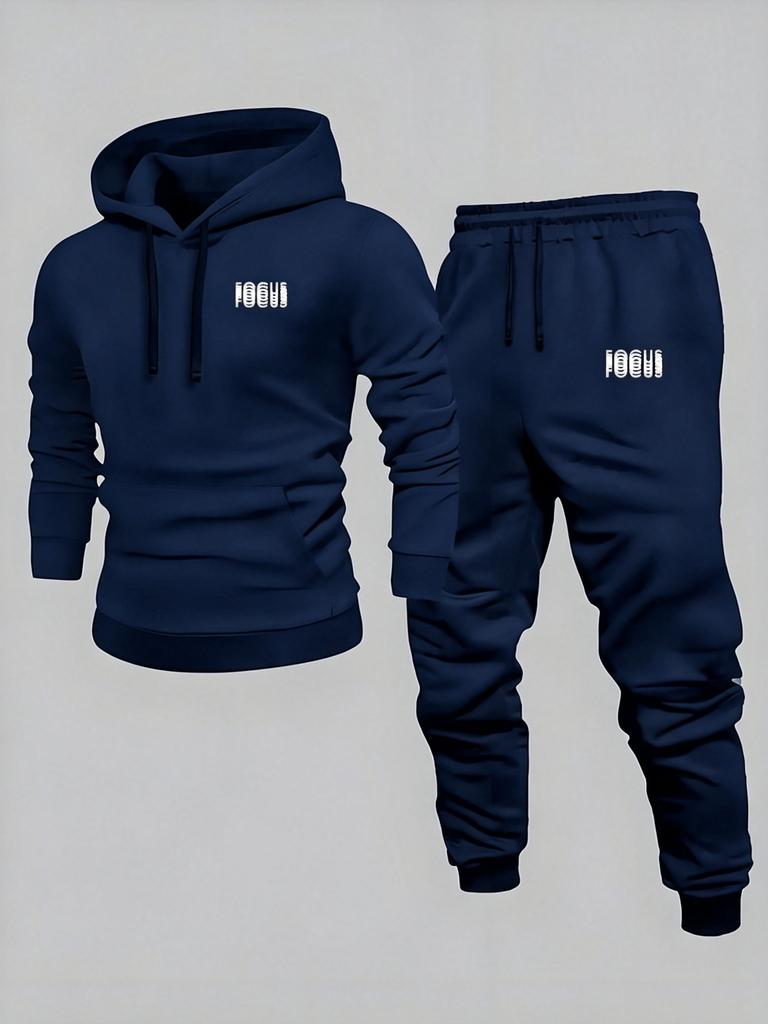 Layerbadge Men Hoodie & Jogger Set, Bold Wave Stacked Word Typography Art Print, Thick Fleece Sport Suit for Light Daily Sport Activities