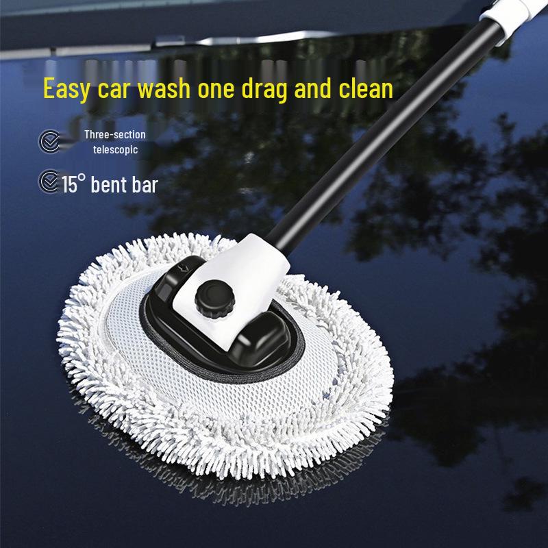 Telescopic Car Wash Brush: Curved Rod with Soft Bristles, Long Handle, Portable and Gentle on Vehicle Surfaces.
