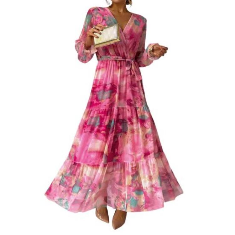 Colorful Print A Line Women Evening Dress Bohemian Style Patchwork Chiffon V Neck Lace Up Waist Lantern Sleeves Pleated S розы красного