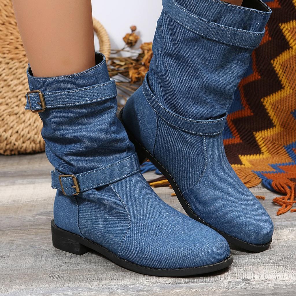 Large buckle strap denim buckle strap fashion boots 2025 autumn and winter new style square heel round toe outdoor women's boots