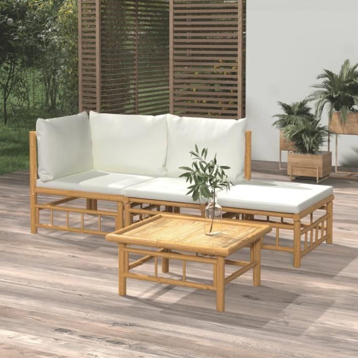 VidaXL Garden Lounge Set 4 Pcs with Cushions Cream White Bamboo 3155176