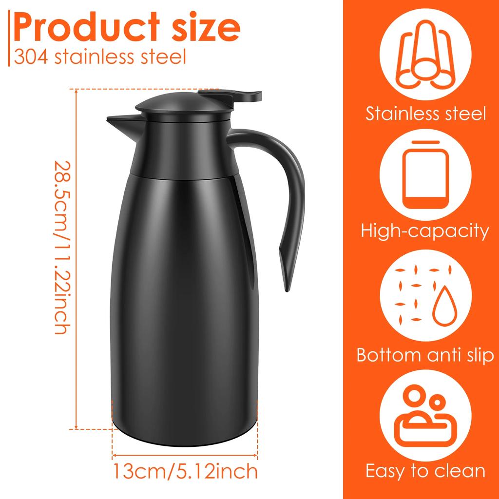 Thermal Coffee Carafe 2L Stainless Steel Vacuum Insulated Coffee Jug 20 to 24 Hours Large Capacity Thermal Water Flask for Home