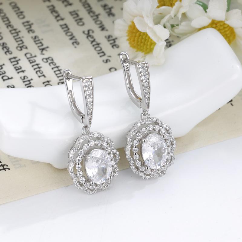 S925 Sterling Silver Geometric Floral Earrings with Zirconium Inlay S925 Sterling Silver