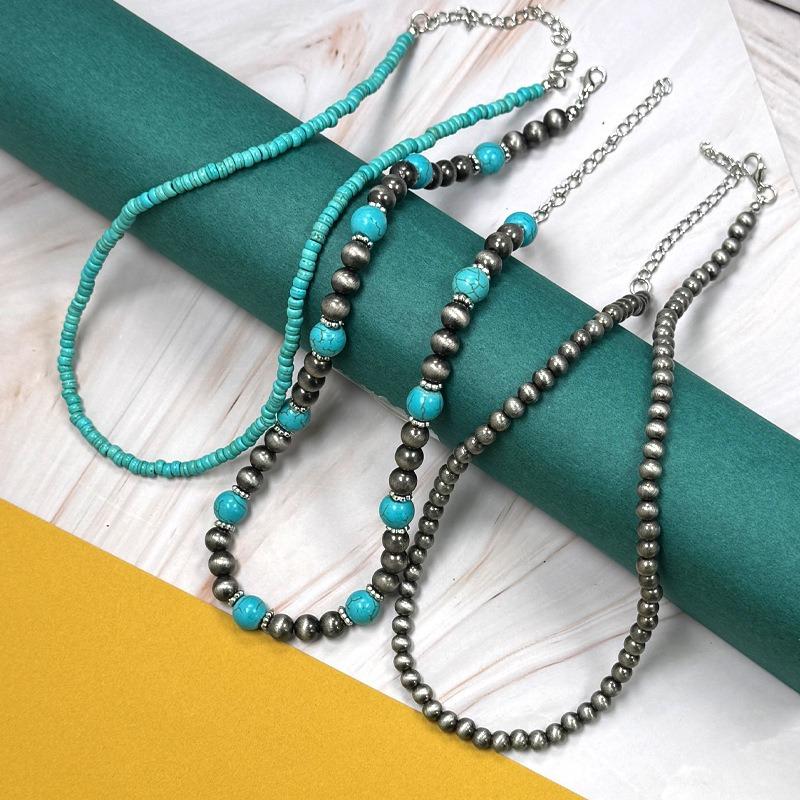 European and American Navajo Style Turquoise Necklace, Women Stacked with High-end Three-piece Set, Ethnic Tin Bead Neck Chain