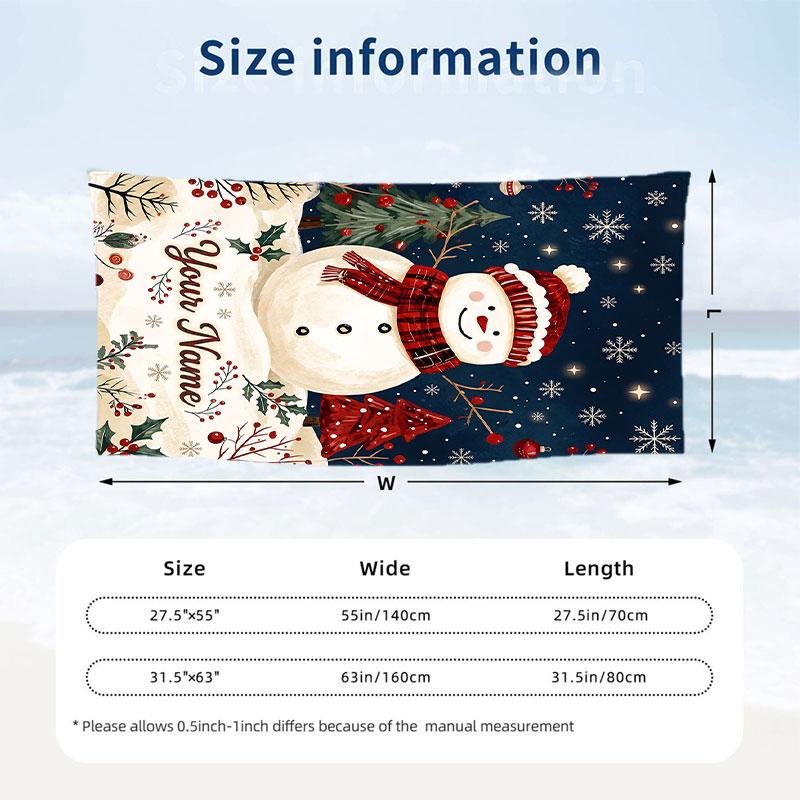 Winter Snowman Celebration Theme Quick Dry Beach Towel Custom Name Text Print Large Sand Resistant Towel Beach Vacation
