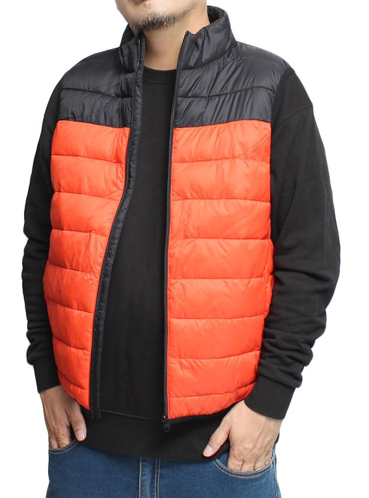 One Colors Padded Down Large Size Orange Men's Vest, Size, Nylon, Water-Repellent, Photothermal, Stand-Up Jacket, 3L, (10)