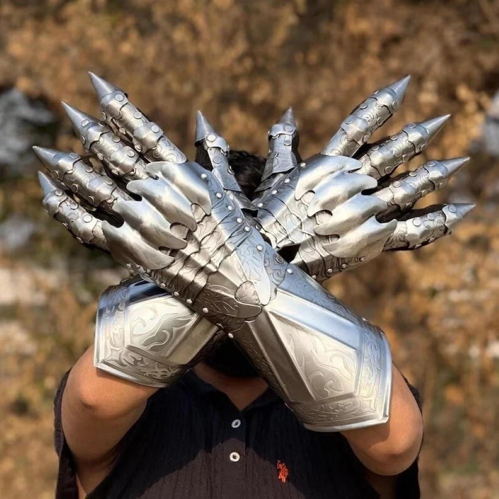 Medieval Silver Nazgul Gauntlets Unisex Steel Armor Gloves Crusader Costume