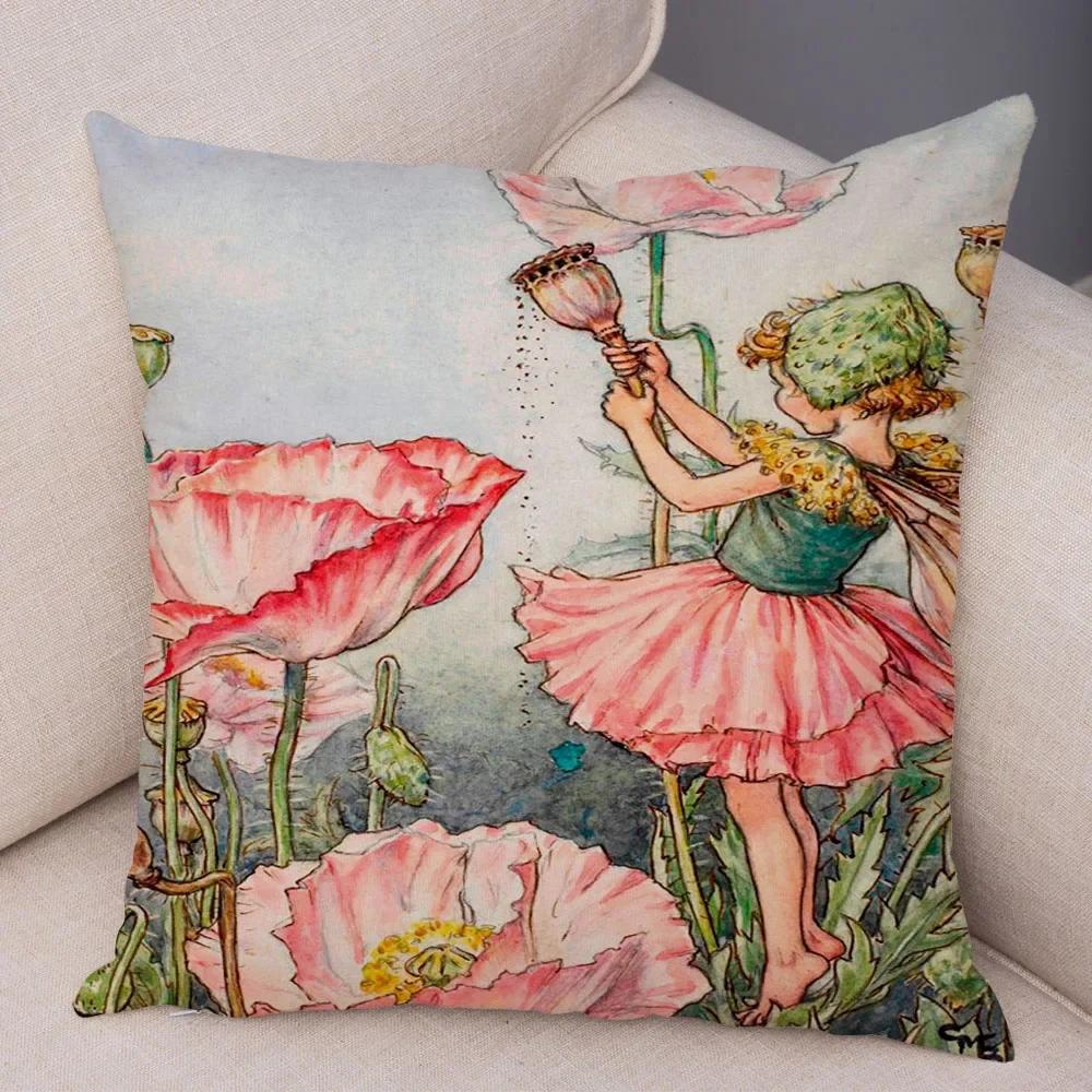 

Vintage Cartoon Elves Cushion Cover Decor Colorful Fairy Tale World Pillow Case Flower Girl Pillowcase for Sofa Home 40cmx40cm