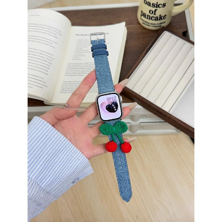 New Cherry denim fabric Leather loop For Apple Watch band women Series 10/9/8/7/6 38mm 40mm 41mm 42mm 44mm 45mm 46mm Strap 38mm40mm41mm 42mmS10