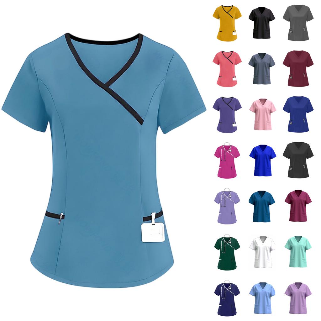 Women's Elastic Quick-Drying V-Neck Pocket Short-Sleeve Caregiver Work Uniform