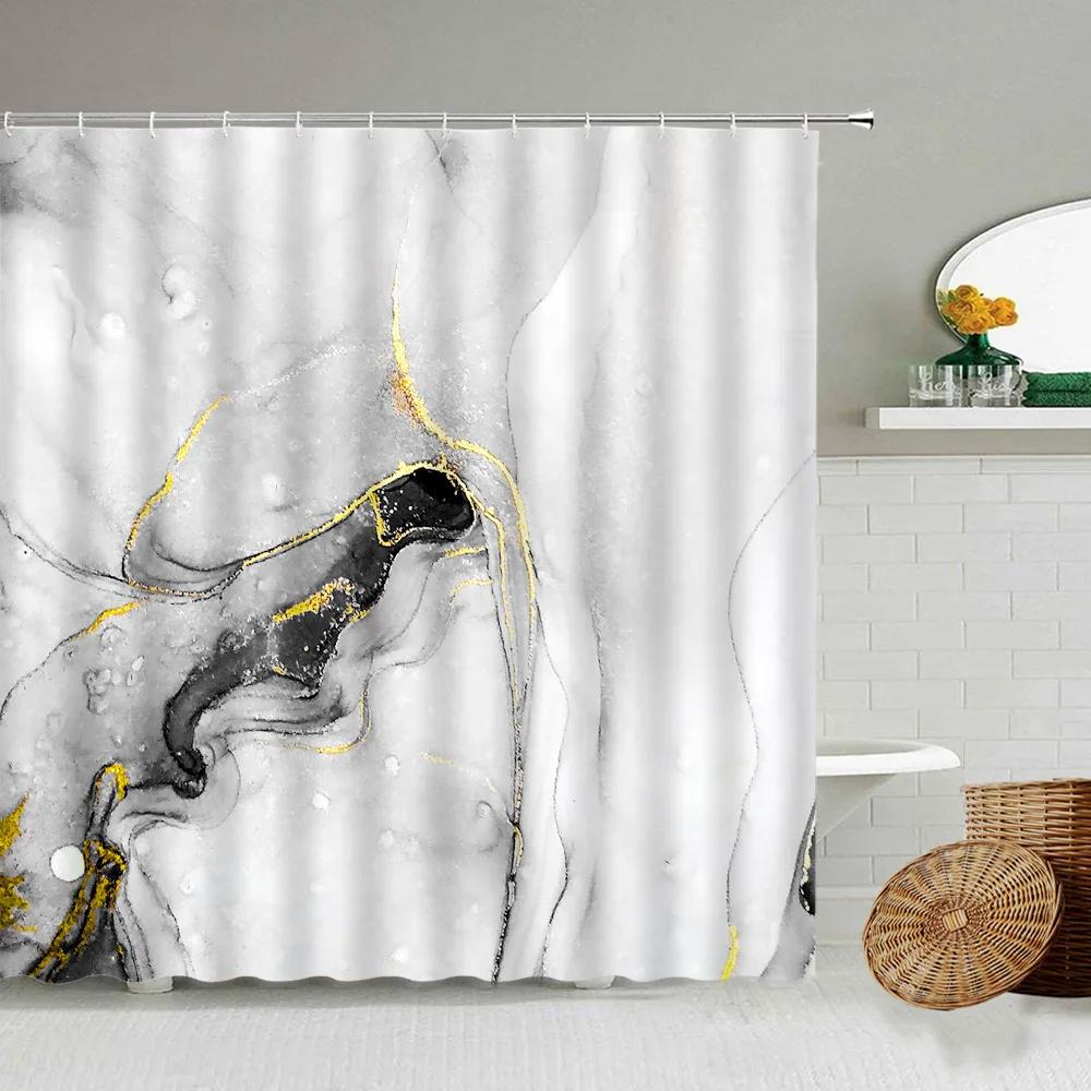 Marble Striped Shower Curtain For Bathroom, Waterproof Screen With Hook, White, Gray, Gold, Black, Decorative Accessories