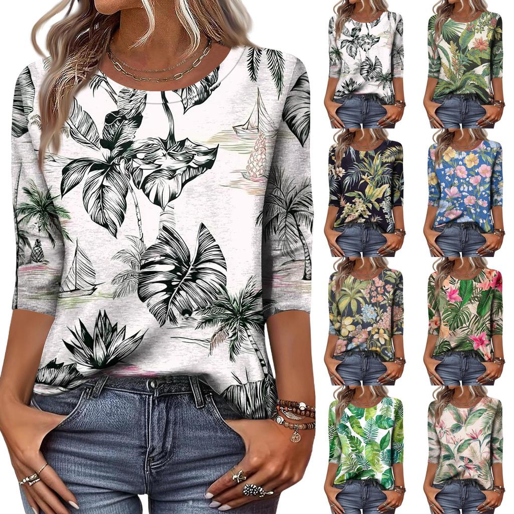 Women's Fashionable Casual Round Neck Three-Quarter Sleeve Printed T-Shirt Top