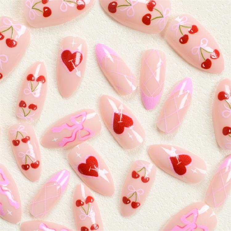 Unghia Press-on Corta Mandorla Unghia Finta Francese Copertura Totale Acrilico Unghia Finta Design San Valentino Unghia Finta per Donne e Ragazze