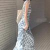Summer Square Neck High Waist Sleeveless Skirt Plaid Long Sling Dress Beach Vacation Casual Dresses