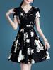 Korean Style Women's Elegant Black Slimming Floral V-Neck Short Sleeve Summer Dress
