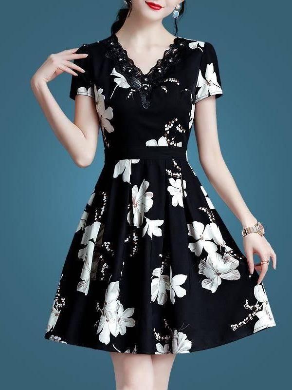 Korean Style Women's Elegant Black Slimming Floral V-Neck Short Sleeve Summer Dress