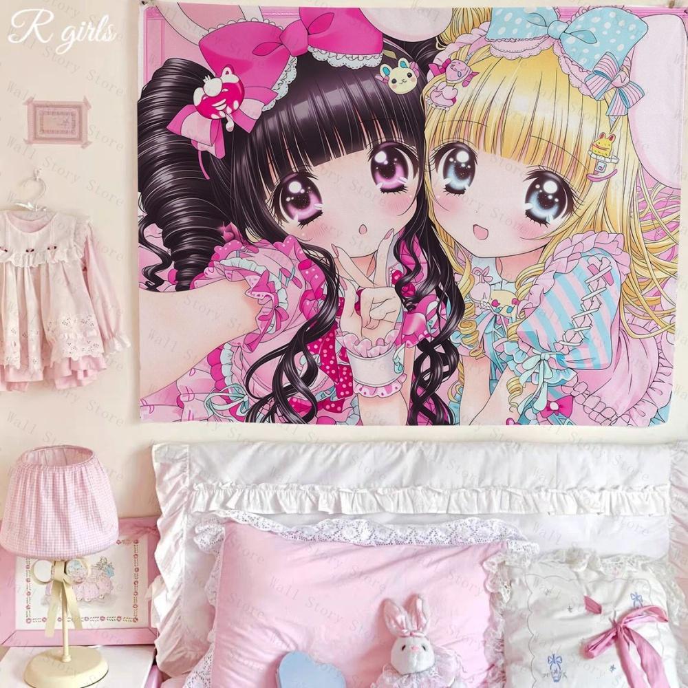 Kawaii Pink Anime Cat Girl Tapestry Cute Wall Hanging for Teen Girls Bedroom Tapestry Aesthetic Dorm Decor Kawaii Room Backdrop