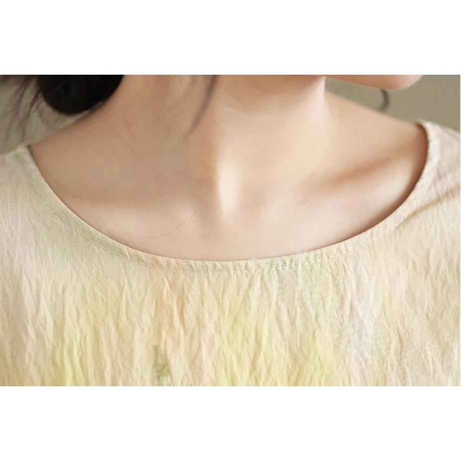 Lösa Blusar i Stora Storlekar Sommar Hampa Bomull Etnisk Stil Fladdermusärmar Koreansk Rundhalsad T-shirt för Kvinnor