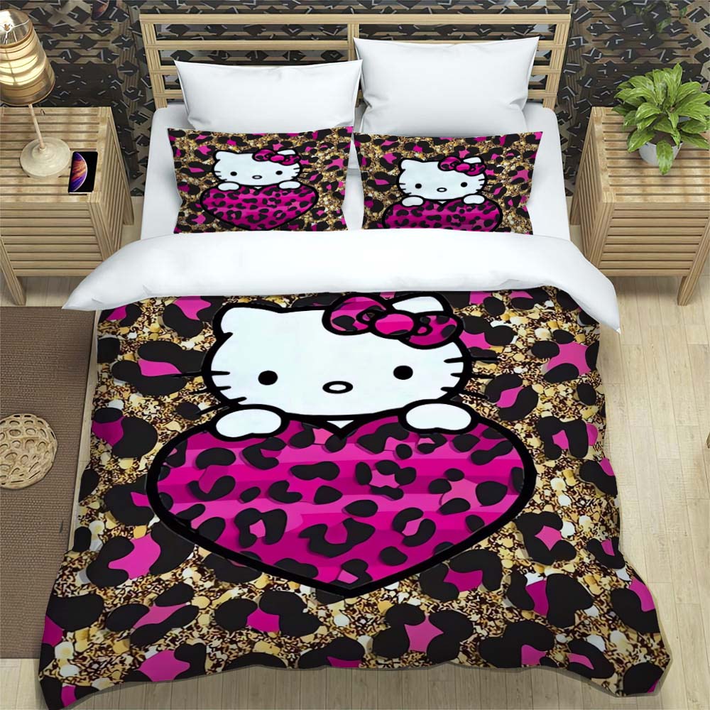 

3D Printed Cartoon Leopard Print Hello Kitty Duvet Cover and Pillowcase Set - Home Decor, Creative Plus Size Bedding Set, 01 135x200cm