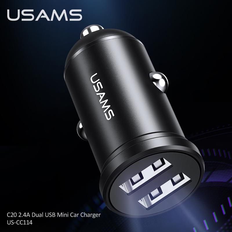 USAMS 2.4A 5V Dual USB Car Charger USB 2 Ports Cigarette Lighter Adapter Charger Mini Power Adapter for IPhone IPad Huawei Samsung Xiaomi Smart Phones