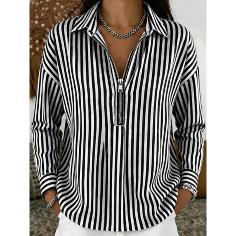 Women Striped Shirt, Turn Down Collar Half Zip Long Sleeve Loose Casual Spring Fall Blouse