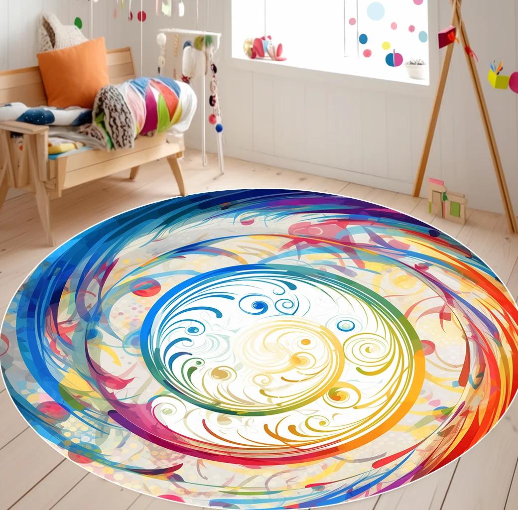 Cartoonkleuren Regenboog Rond Tapijt Woonkamerdecoratie Bankgebied Antislip Wasbaar Kleed Kinderkamerdecor Zachte Vloermat 60cm 23.6 in