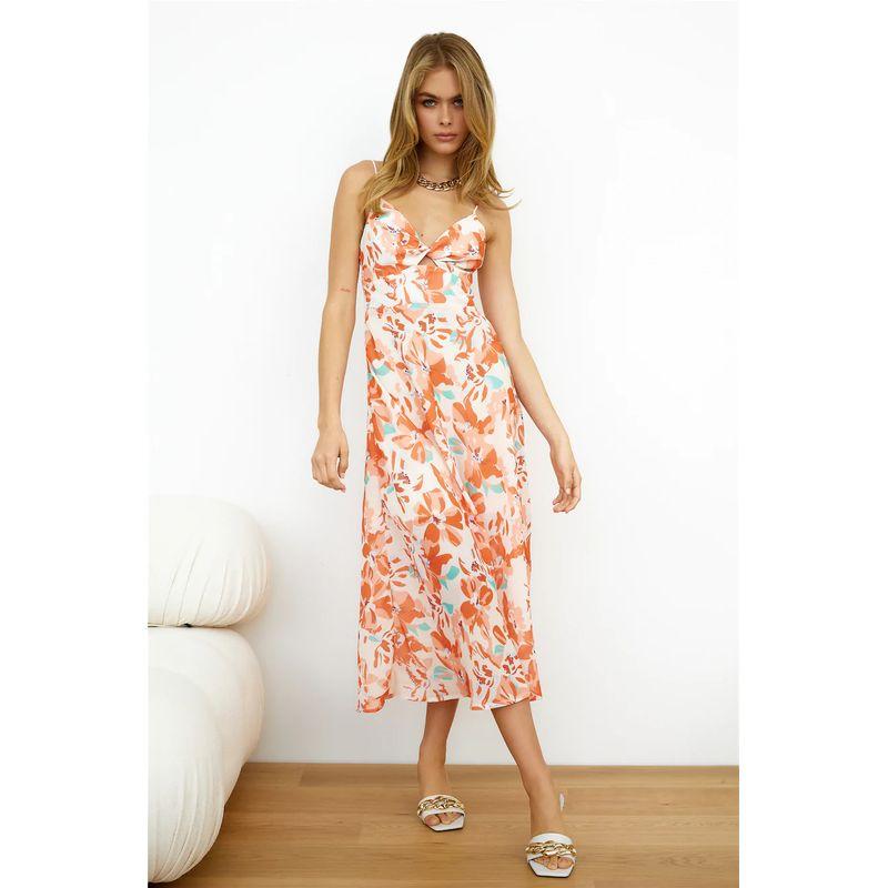 European Station Summer New Arrival V-neck Floral Print Cut Out Backless Slim Fit Spaghetti Straps Sleeveless Mid Length Long Length Dress Women