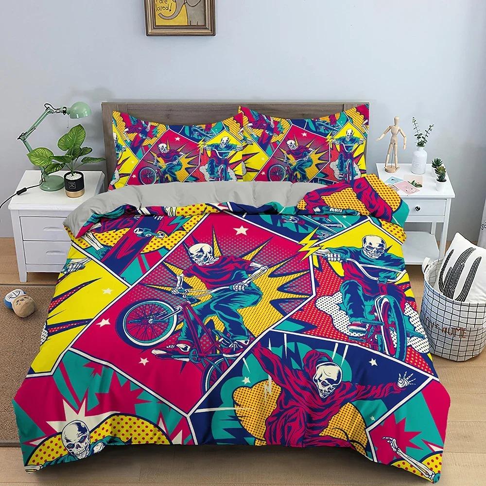 Comic Pattern Duvet Cover Queen King Cartoon Bedding Set for Boys Girls Hippie Hip Hop Rock Style Polyester Comforter Cover