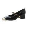Color Matching Mary Jane Shoes Women's Xiaoxiangfeng Leather Shoes High Heels Single Shoes Women's 2025 New Golden Square Head 4cm Spring and Autumn