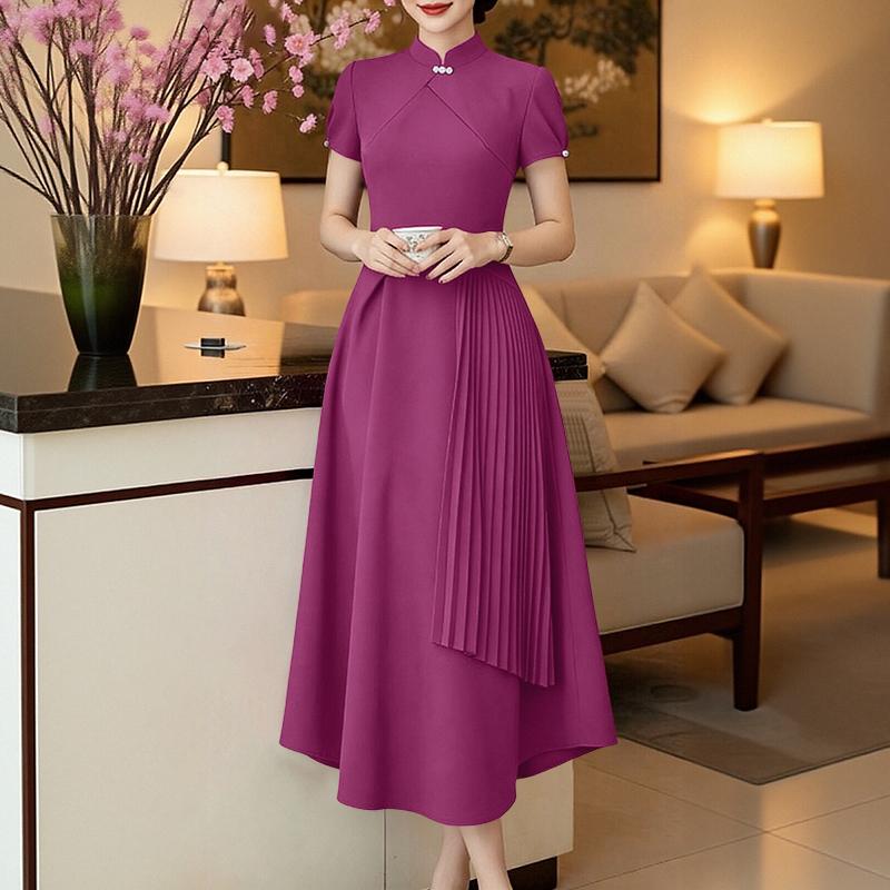 ZANZEA Women Casual Stand Collar Solid Color Summer Short Sleeve Dress S фиолетовый