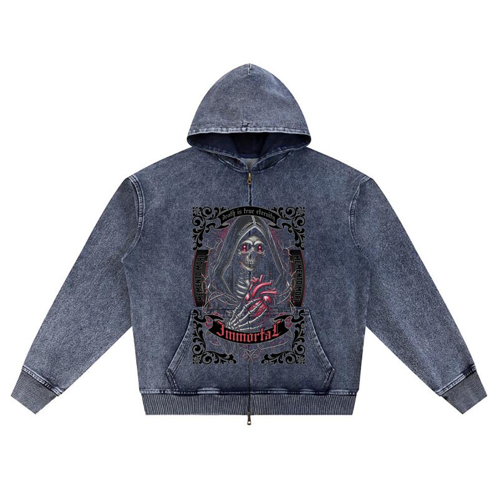 DTG Print Knitted Denim Zip-Up Hoodie Immortal Brother Print Zipper Hoodies  