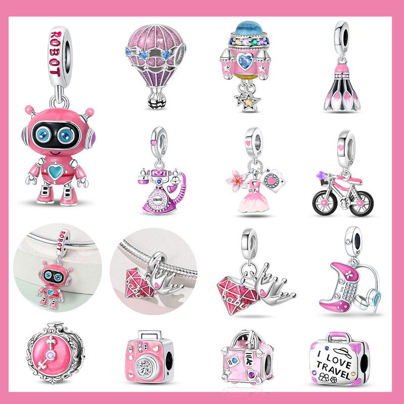 Cute Charms Copper Pink Series Cute Elf Robot Luggage Air Balloon Beaded Pendant Fit Original Bracelet Fine Diy Jewelry