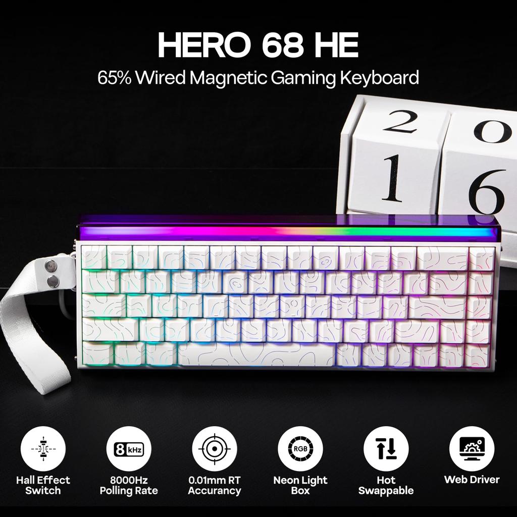 EPOMAKER Aula Hero68 HE Kablet Magnetisk Spilltastatur med Justerbar Rask Hall-effekt 8kHz Lyd RGB Boks Bakbelysning 0.01mm Aktivering, Brytere,