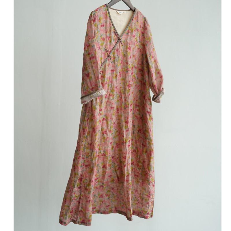 

Johnature Women Vintage Dress V-Neck Print Floral Button Dresses Summer Chinese Style Female Dress L