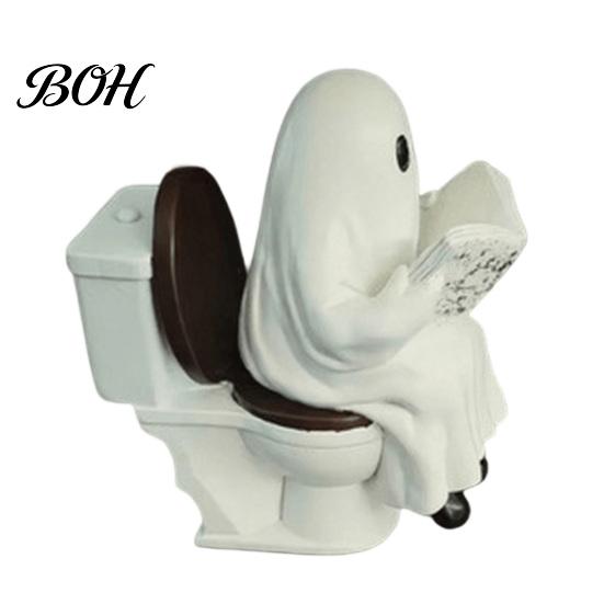 Spooky Mantel Decor Cute Halloween Ghost Figurine, Reading on Toilet Resin Statue, Desktop Figurine Funny Ornament for Tiered Tray Tabletop Whimsical