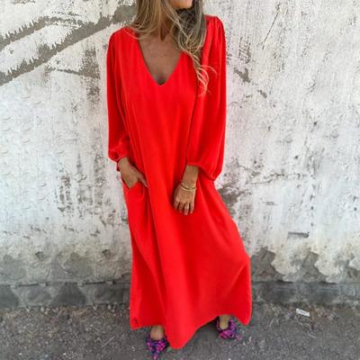 Spring Autumn Round Neck Loose Casual Solid Color Robe Women Lantern Long Sleeve Dress Vestidos