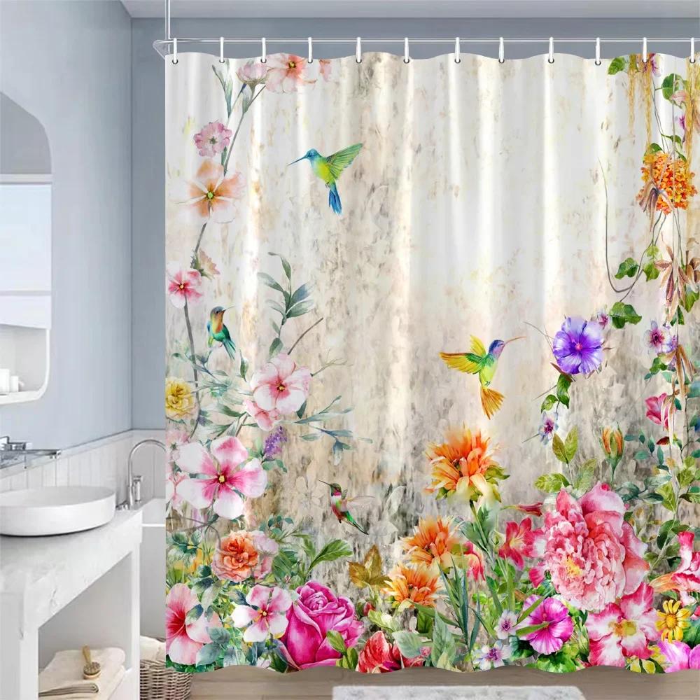 Butterfly Flowers Shower Curtains Pink Purple Blue Watercolour Floral Plants Vintage Art Modern Fabric Bathroom Decor with Hooks