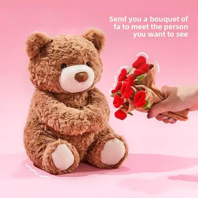 Cute Teddy Bear Plush Doll With Embracing Rose Decorations For Holiday Gift