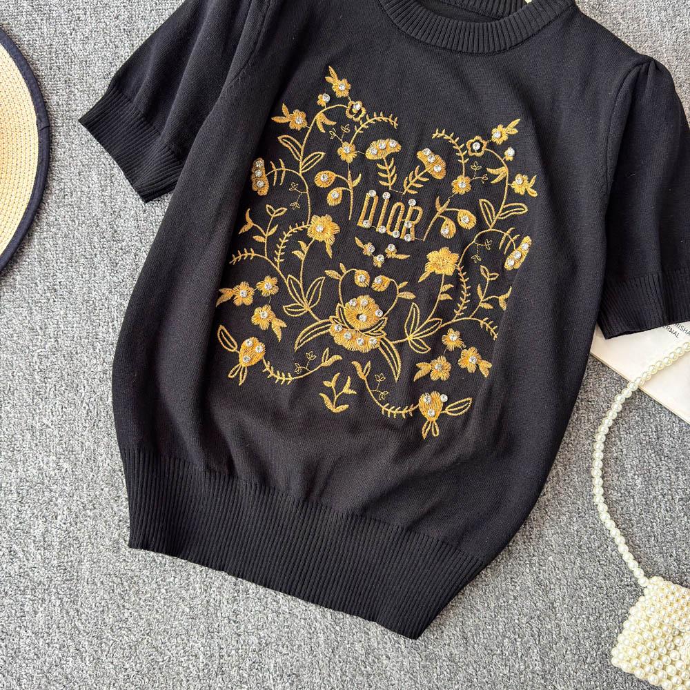 Summer Women O-neck Designer Embroidery Flower Beading Diamonds Knitted Sweater Pullover Tops Tshirt