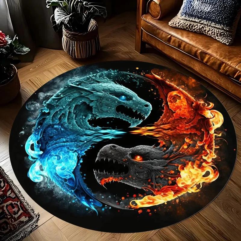 Yin Yang Dragon and Phoenix Printed Round Carpets for Home Living Room Rug Bedroom Decor Rug Non Slip Washable Flannel Floor Mat