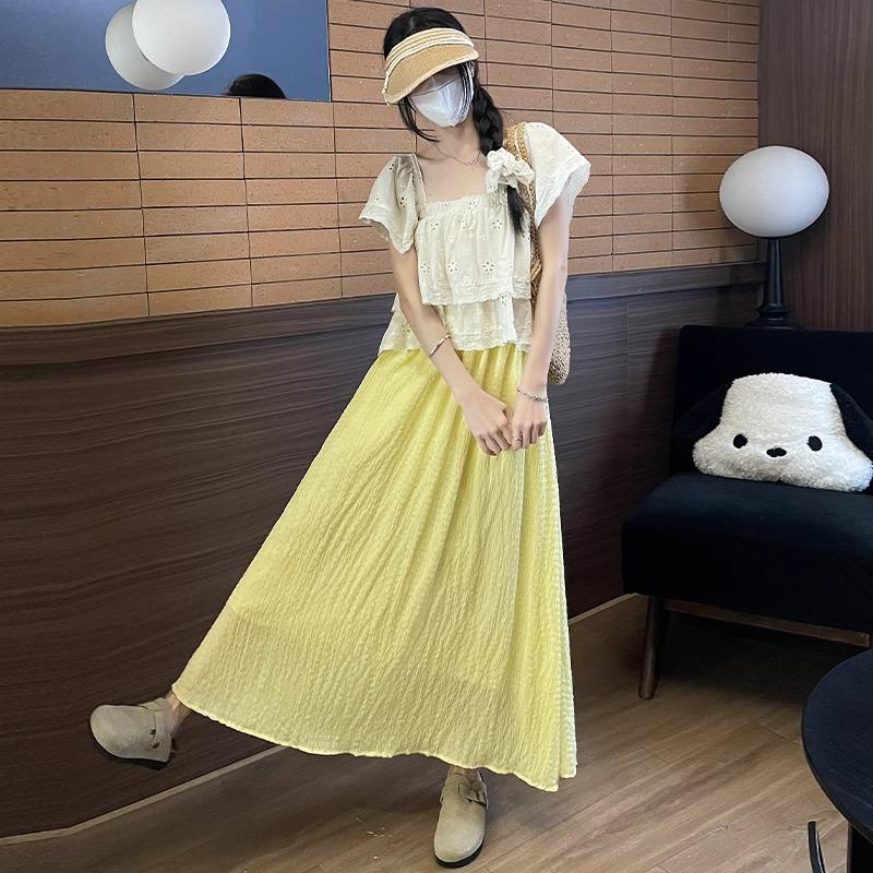 Fresh Green Mesh Lattice Skirt for Women In Spring and Summer New High-waisted A-line Long Chiffon Umbrella Skirt