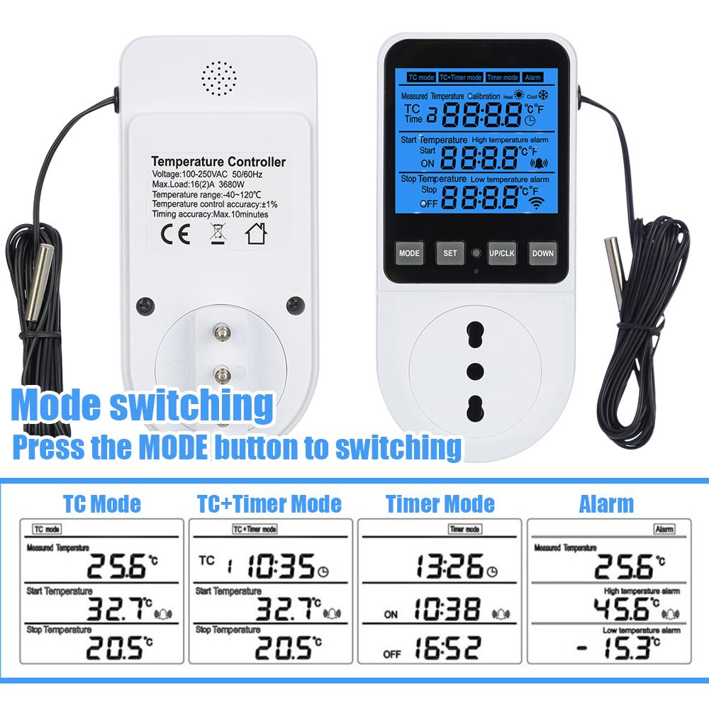 Timer Socket Thermostat Multi-Function Temperature Controller Outlet with Timer Switch Sensor Probe Heater Cool Tool