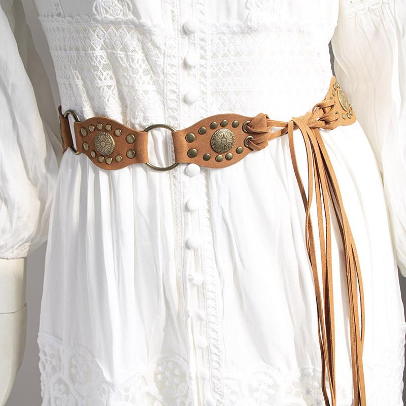 Bohemian Faux Suede Waistband With Rivet Detailing And Knot Closure For Vintage Festival Looks