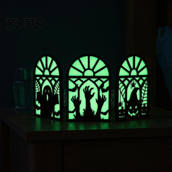 Stable Solid Wood Halloween Ornament Glow-in-the-Dark Table Decoration, Witch Ghost Silhouette Design, Foldable Tabletop Decor Luminous Ornament, for