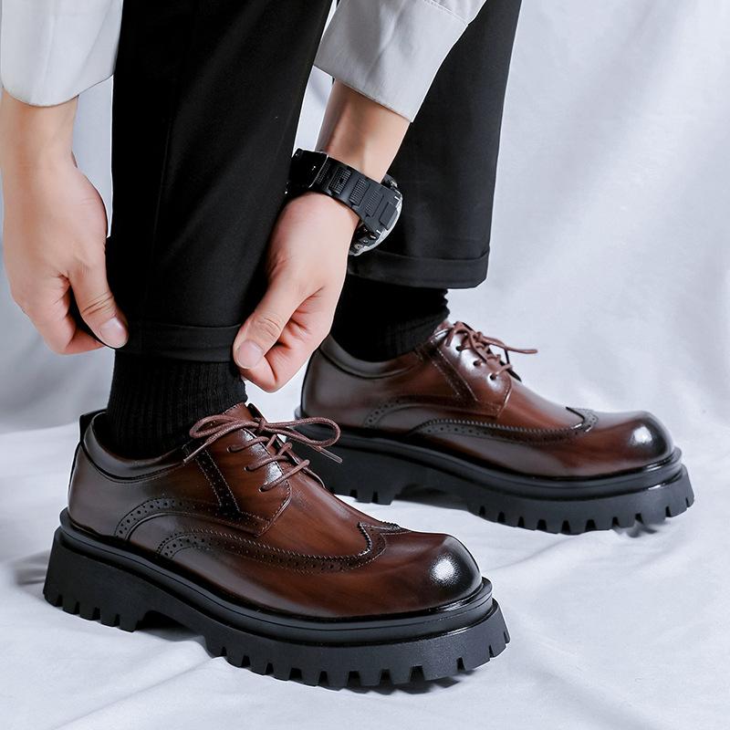 Men Fashion Genuine Leather Shoes Black Brown Carved Brogue Shoe Wedding Party Dress Breathable Platform Footwear Gentleman Mans