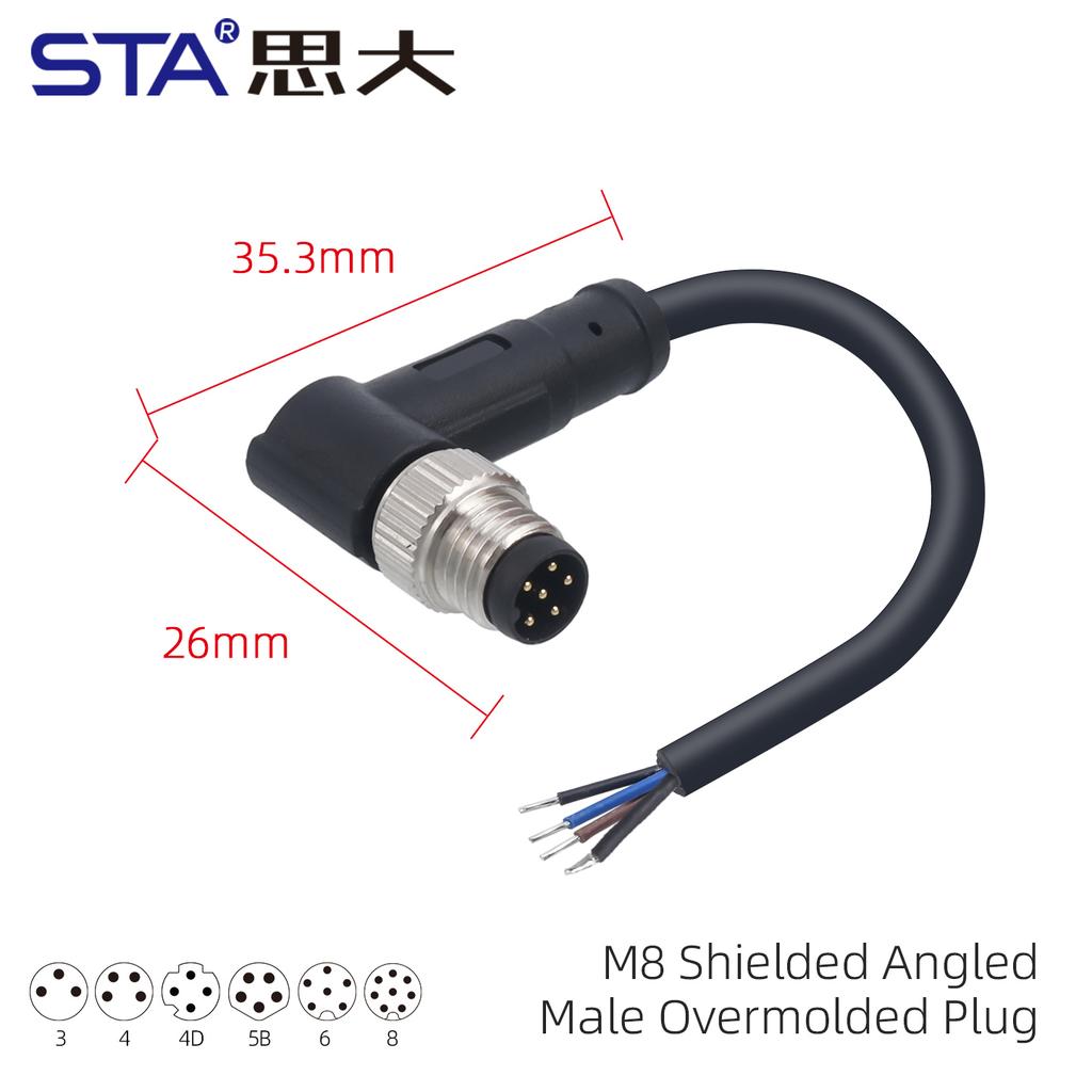 M8 Shielded Cable Connector Male Female Molding Aviation Plug 3 4 5 6 8 Pin Straight /Right Angled PVC TPU 1M 5M Extension Wire